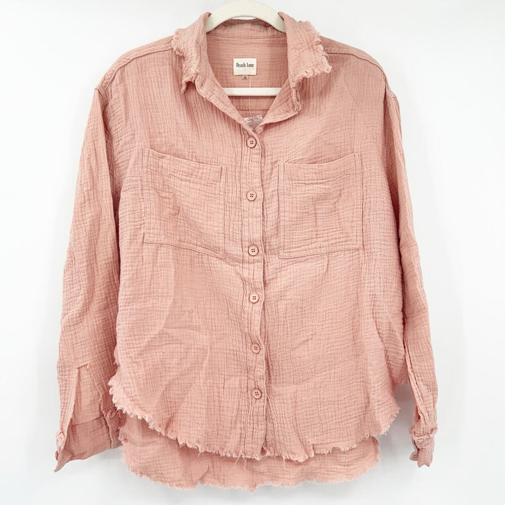 NWOT Peach Love Womens Boho Gauzy Cotton Raw Hem Long Sleeve Button Up Shirt S